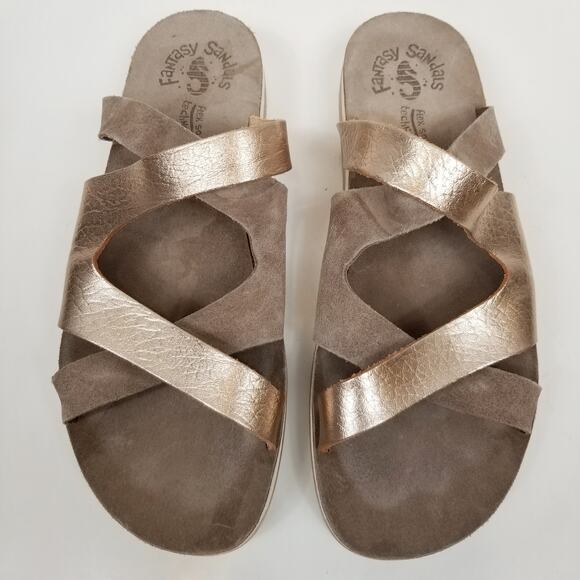 Fantasy Sandals Gold Metallic Leather Suede Sandals Size 40 - Picture 2 of 8